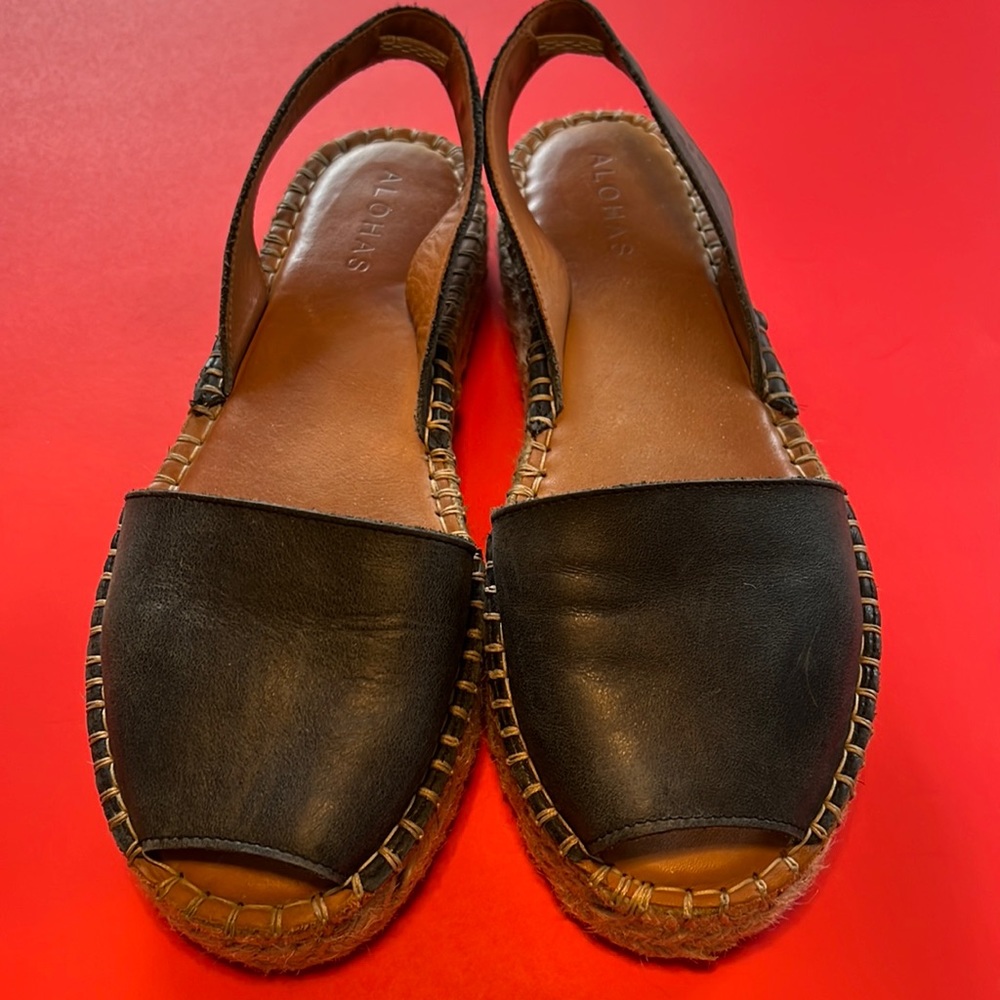 Alohas Ibizas Black Leather Platform Espadrille Sandals | 39
